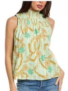 Joie Mika Top XL Pastel Green Smocked Mock Neck Cotton